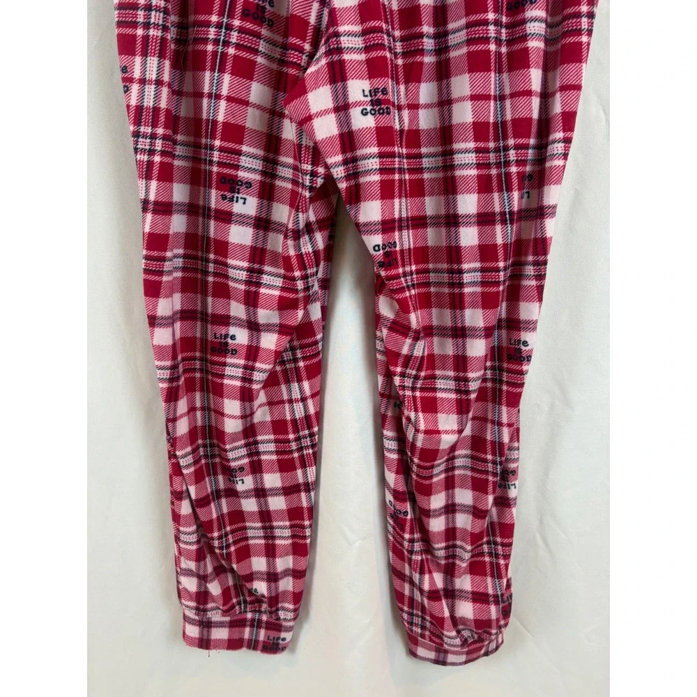 Life is Good Women's Red White Plaid Fleece Pajama Jogger Pants Drawstring Large